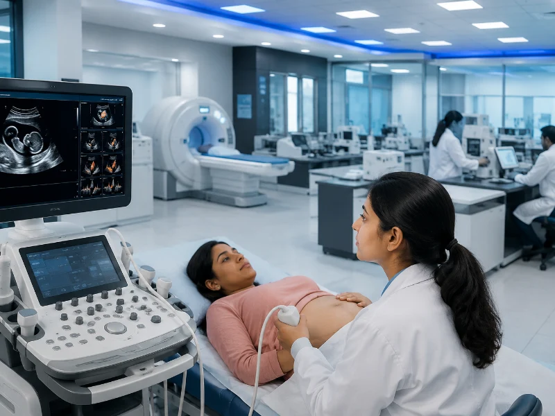 Advanced maternal-fetal medicine ultrasound system performing a high-precision biophysical profile scan to evaluate baby wellness parameters
